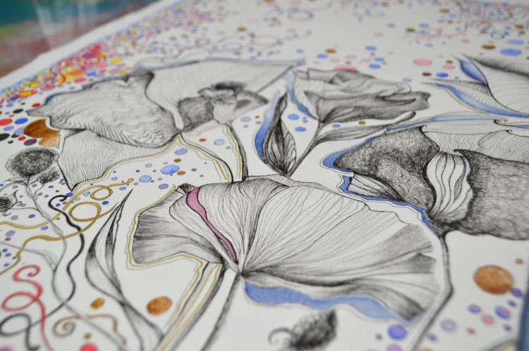 Nowoczesny obraz florystyczny z delikatnymi kolorowymi akcentami. Ilustracja botaniczna na papierze artystycznym.