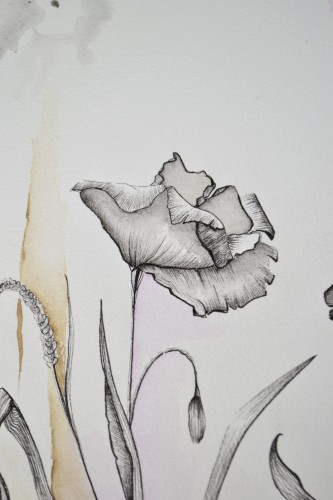 Minimalistyczny obraz botaniczny wykonany akwarelą i tuszem. Delikatna ilustracja kwiatowa do jasnych, nowoczesnych wnętrz.
